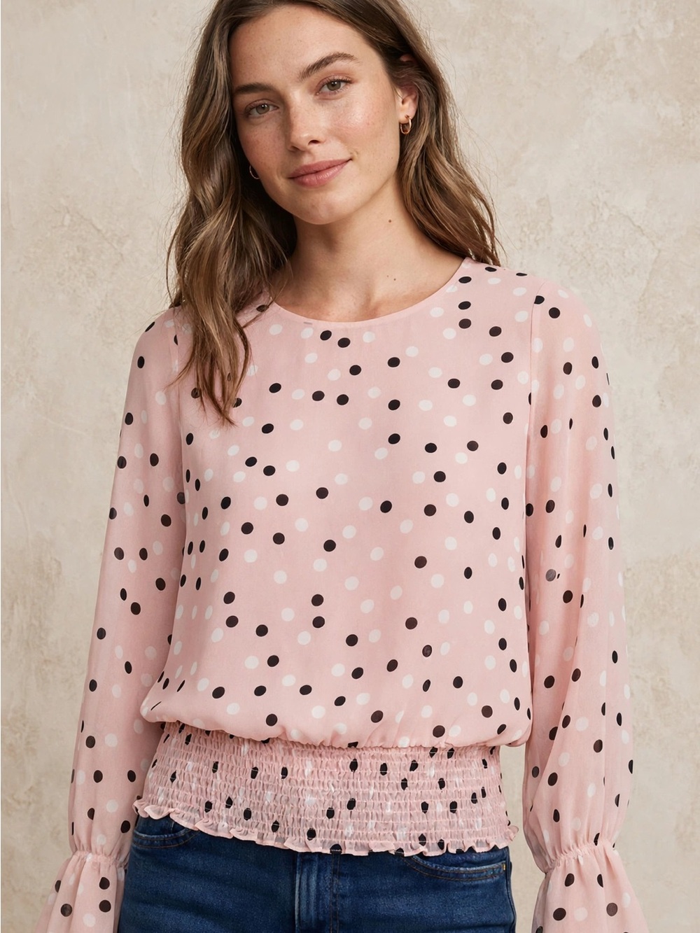 Polka Dot Smocked Hem Long-Sleeve Top - Pink